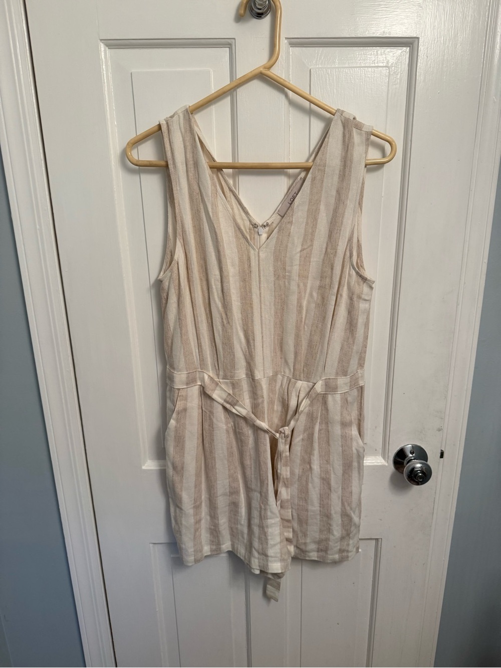 LOFT Beige and Cream Striped Sleeveless Romper